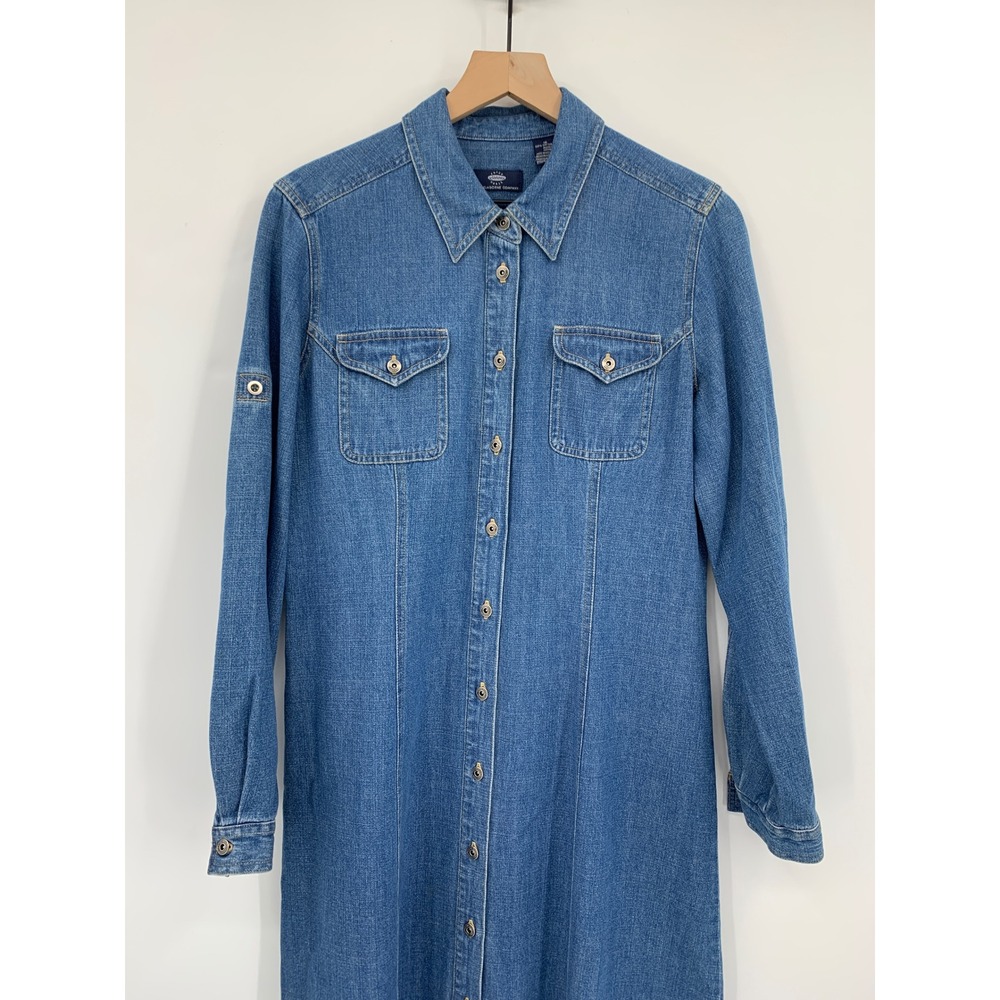 Vintage Liz Claiborne Denim Dress Womens 10 Blue Long Sleeve Button Maxi - Picture 2 of 9